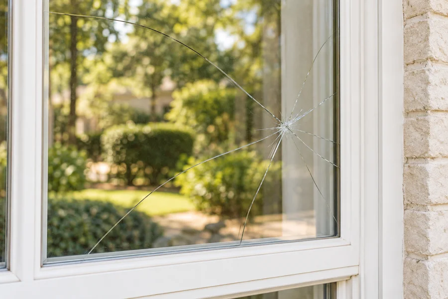 Illustration of cracked glass inside an intact white home window frame