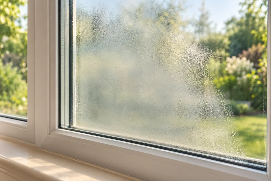 Illustration of a home window with haze and moisture between the panes