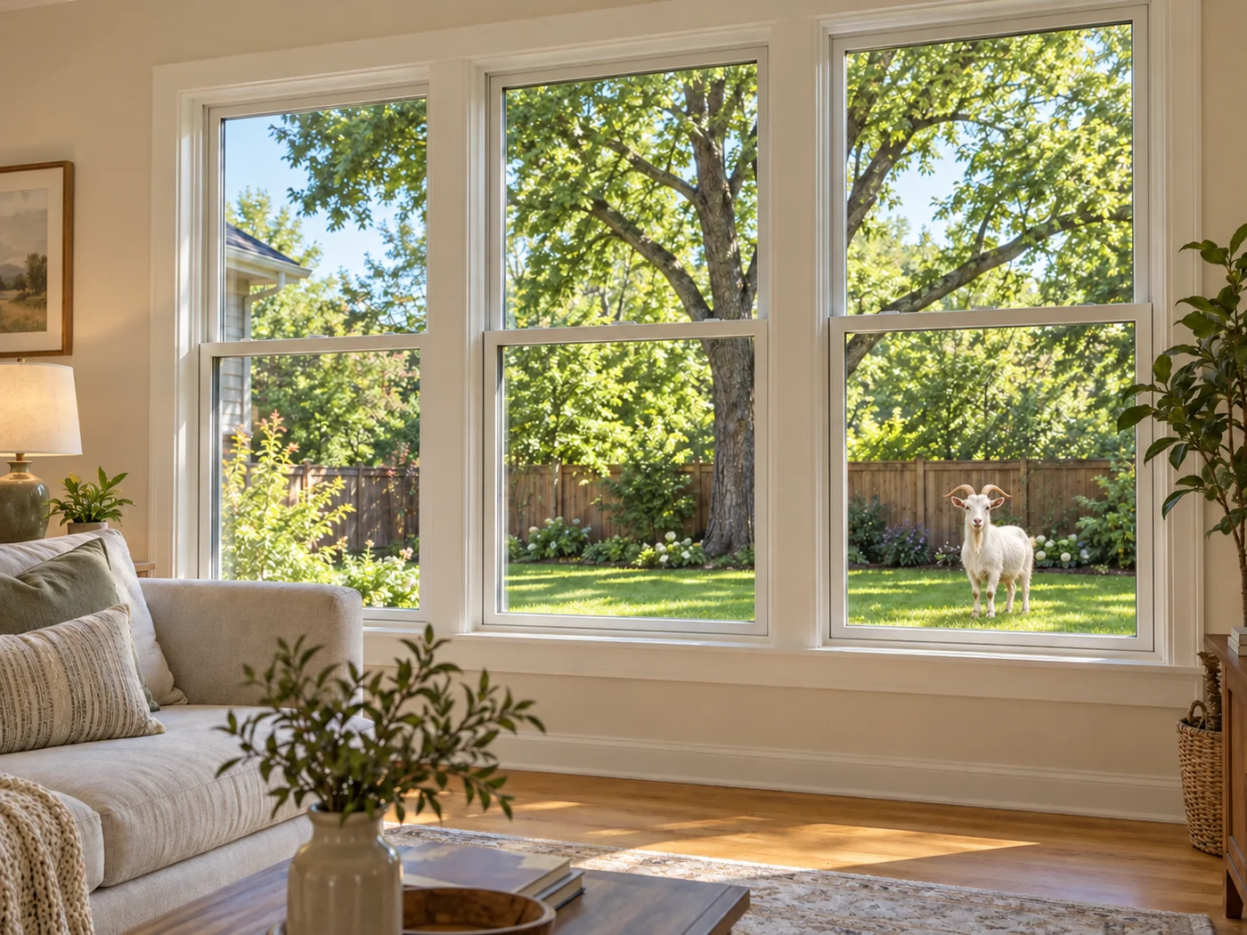Illustrative living room with clear white-framed windows and a white billy goat standing in the sunny backyard