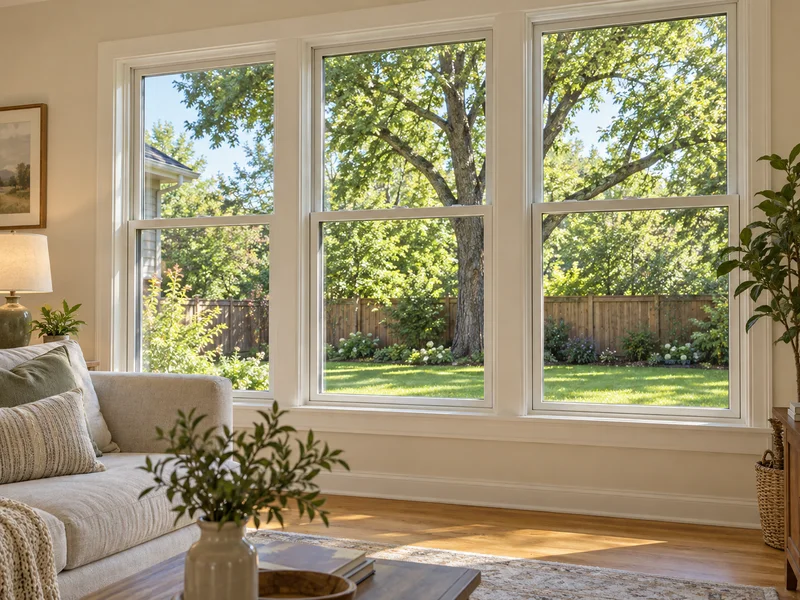 Illustrative living room with clear white-framed windows